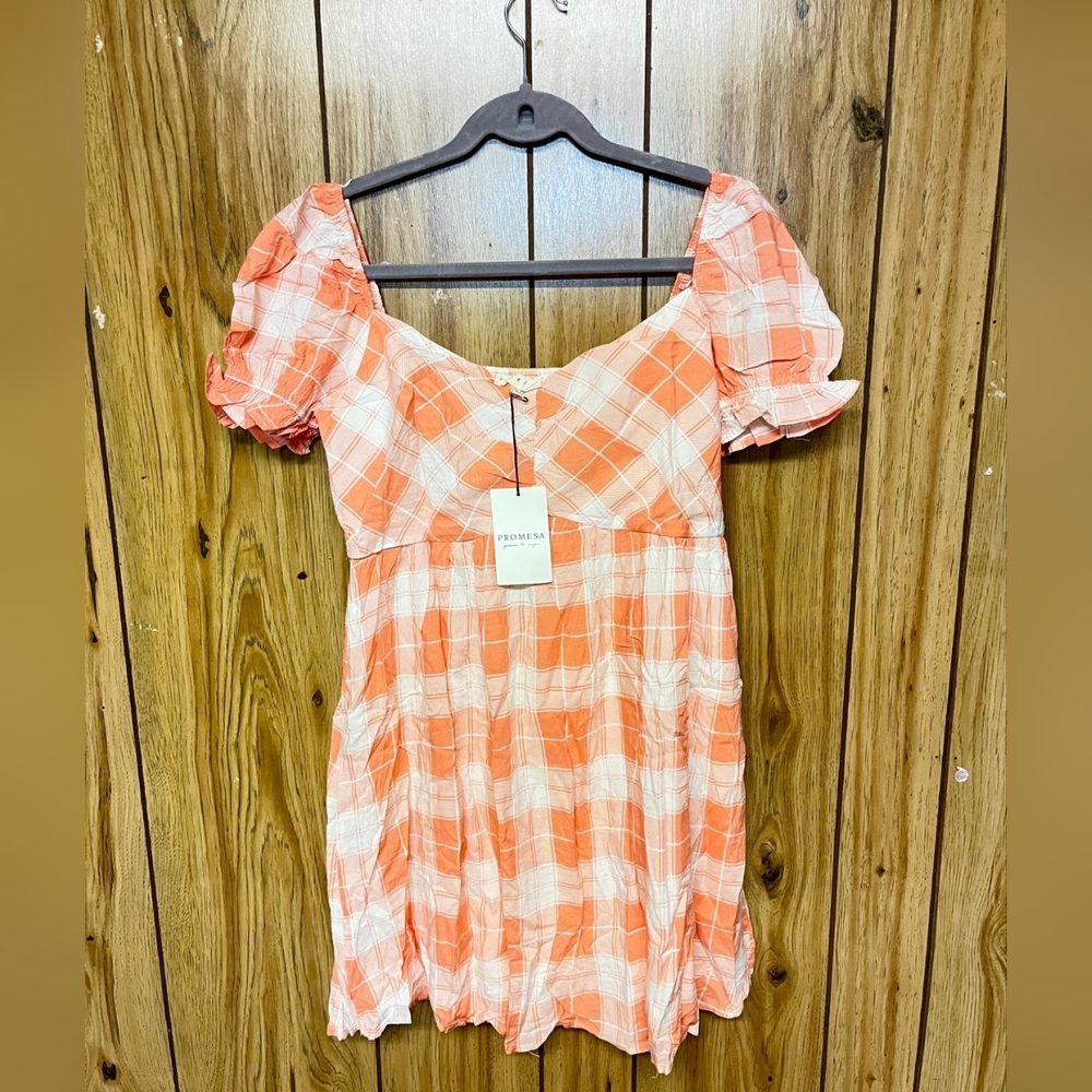 Promesa Orange & Cream Plaid Puff Sleeve Dress